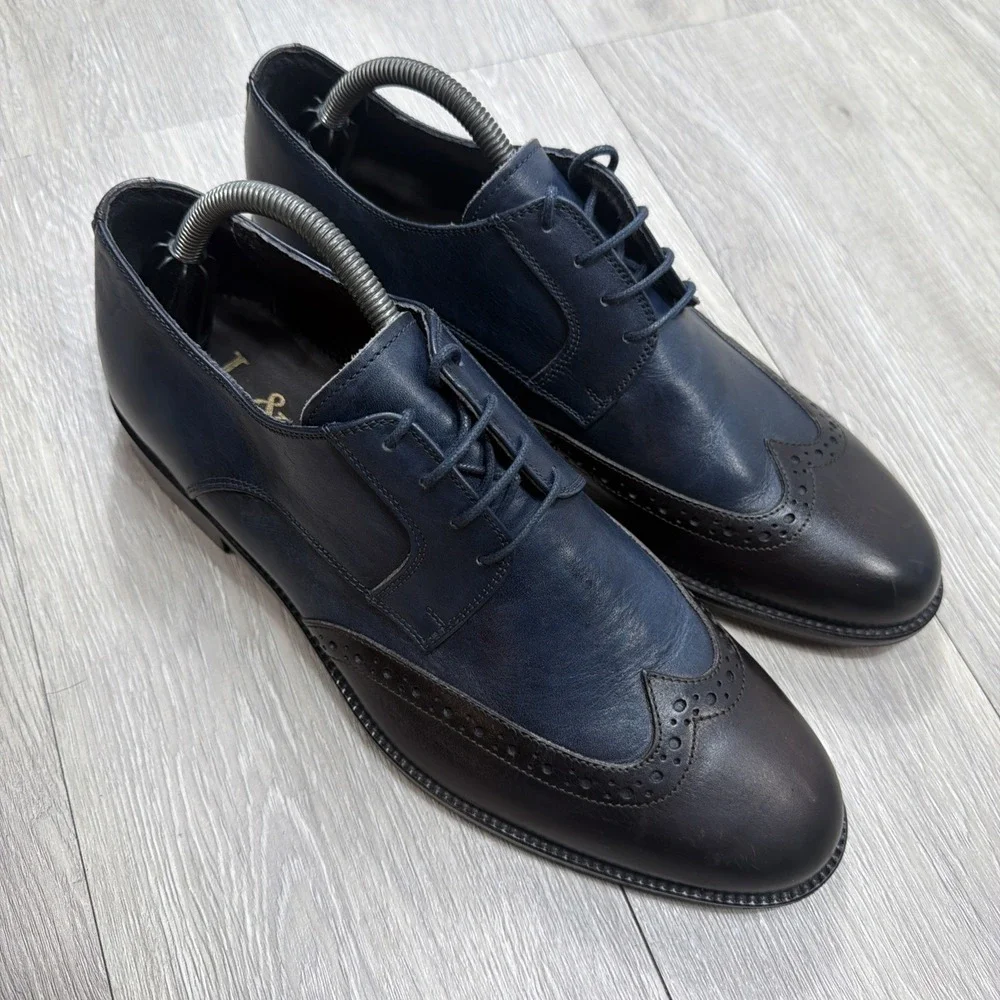 Mens Italian Made Brogue Leather Derby Oxford Dress Shoes Blue & Brown L&G Sz 42